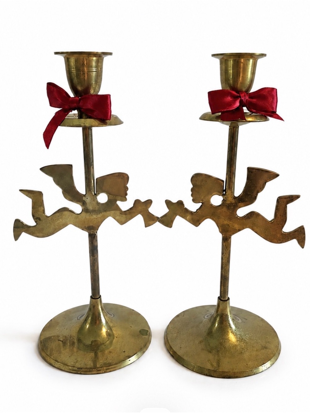 Pair Of Vintage Brass Angel Candle Holders Made In India Figurines Religious